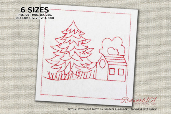 A Cozy Redwork Christmas Tree & House Embroidery Design