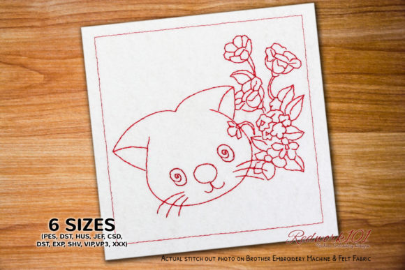 A Designer's Take on Kitty Face with Floral Pattern Redwork